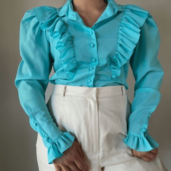 vtg 70s western button blouse large ruffle collared puff sleeves victorian small - Picture 2 of 10